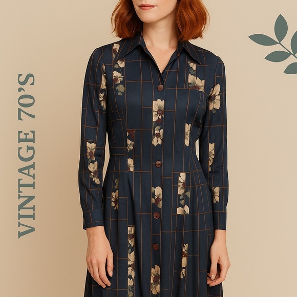 Vintage 70s Leo-Danal for Normie Hum Navy Blue Abstract Floral Shirt Dress Midi - Picture 1 of 10